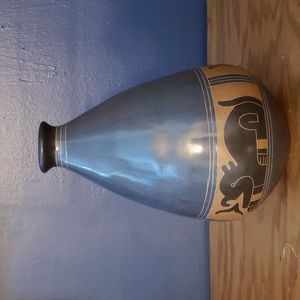 Hand Made Clay Decor Vase from Nicaragua.  Color Teal-Tan H9.25" x D6".